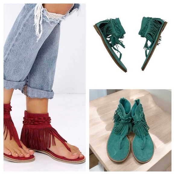 Coconuts by Matisse Juno Suede Fringe Sandals Gladiator Turquoise 8M - Picture 1 of 13